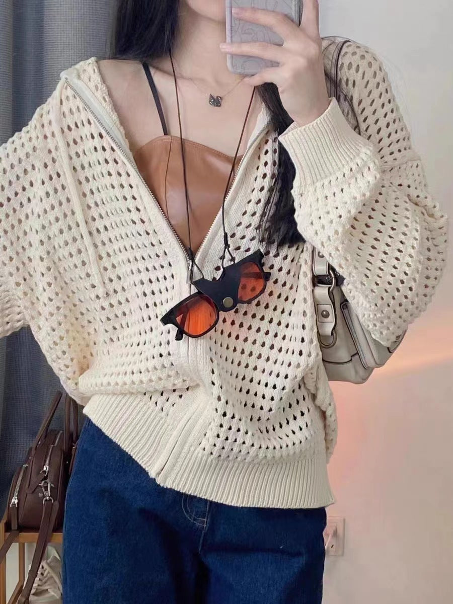 Women's Hollow-out Design Hooded Outwear Blouse Knitted Cardigan