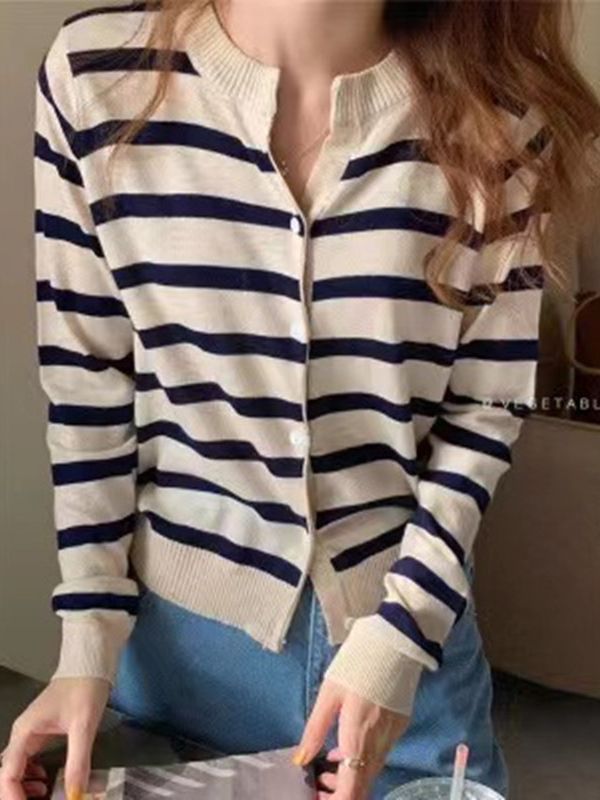 Striped Soft Glutinous Knitted Design Sense Sweet Short Sweater Cardigan Coat