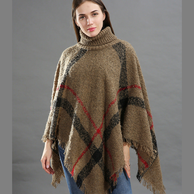 Loose shawl ladies cape high collar plaid warm scarf