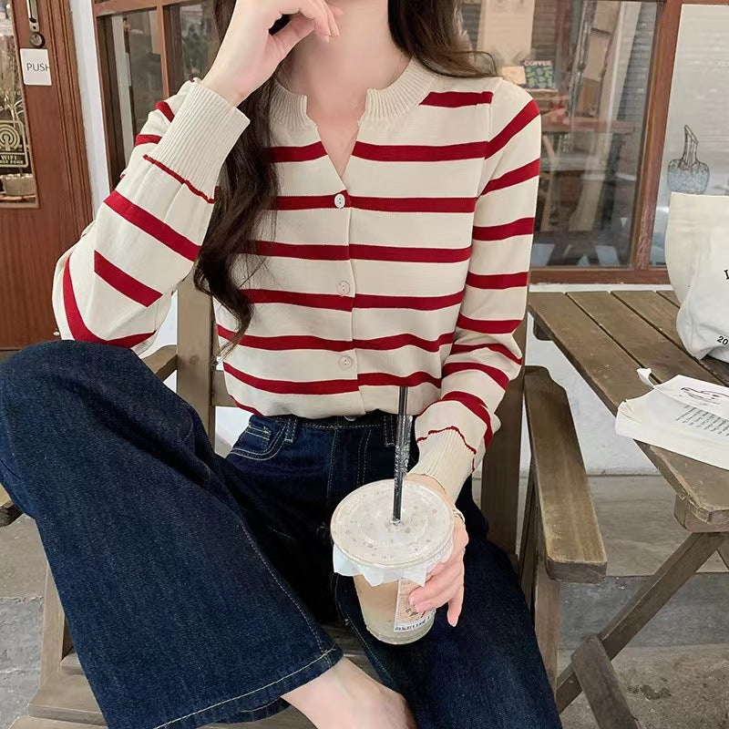 Striped Soft Glutinous Knitted Design Sense Sweet Short Sweater Cardigan Coat