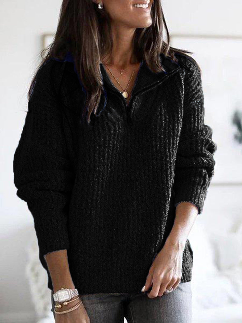 Zipper pullover long sleeve knit sweater women