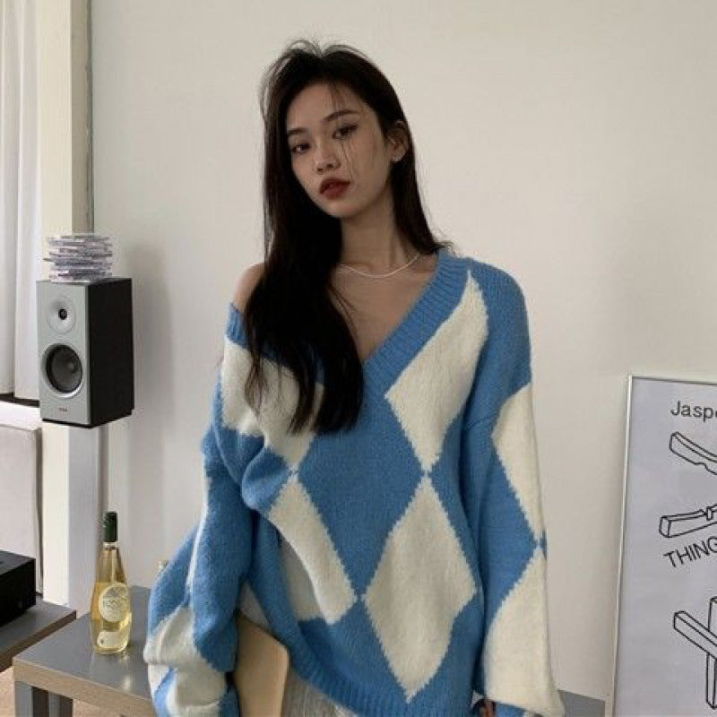 Lazy Style Contrast Diamond Sweater