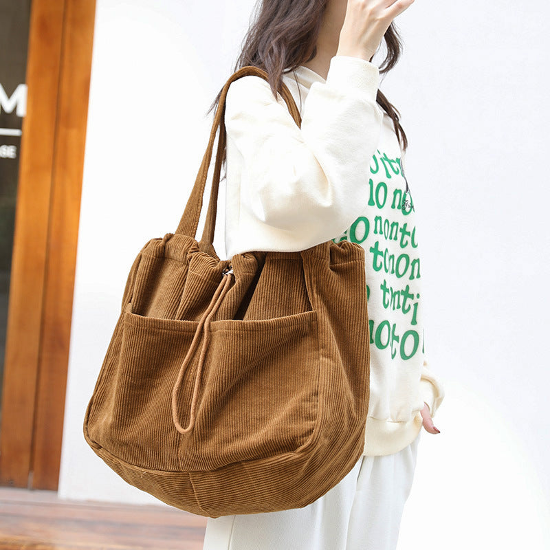 Ins Corduroy Shoulder Bags Drawstring Multi-pocket Handbag Women Bag