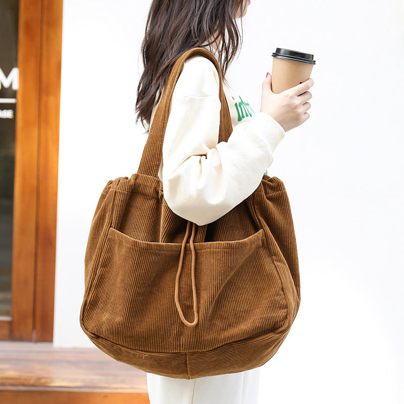 Ins Corduroy Shoulder Bags Drawstring Multi-pocket Handbag Women Bag