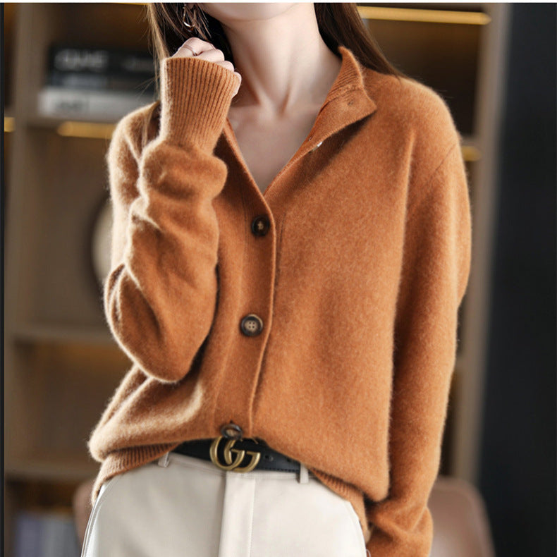 Gentle Retro Solid Color Stand-up Collar Cardigan Knitted Women