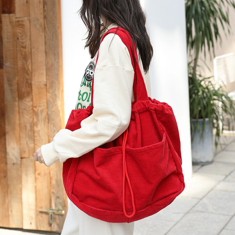 Ins Corduroy Shoulder Bags Drawstring Multi-pocket Handbag Women Bag