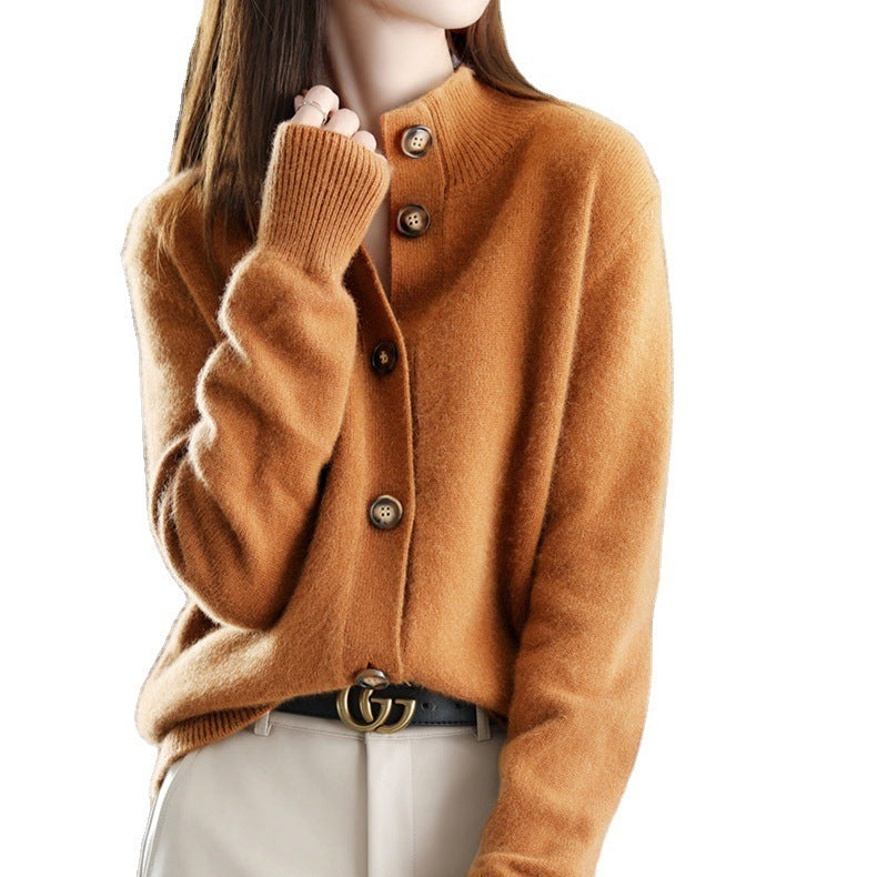 Gentle Retro Solid Color Stand-up Collar Cardigan Knitted Women