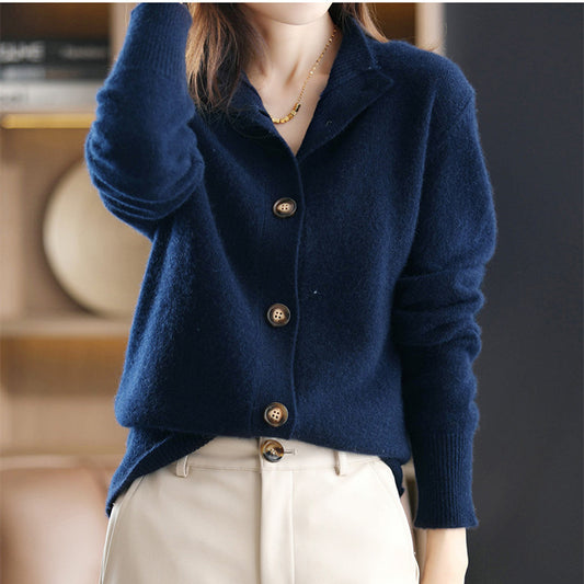 Gentle Retro Solid Color Stand-up Collar Cardigan Knitted Women