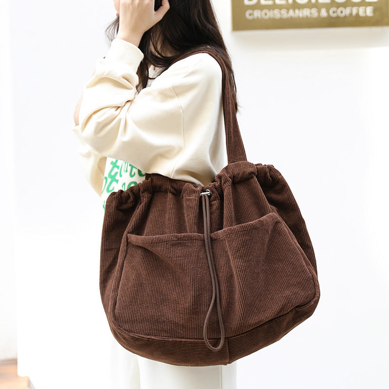 Ins Corduroy Shoulder Bags Drawstring Multi-pocket Handbag Women Bag