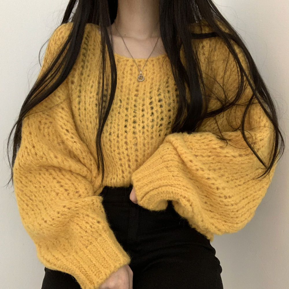 Women's Autumn And Winter Candy Color Pullover Loose Lantern Sleeve Knitted Sweater